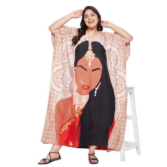 Women Plus Size Fit and Flare Tribal Printed Beige Kaftan Dress by Gypsie Blu - Picture 1 of 7